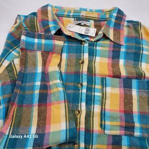 FITZ + EDDI Plaid Cropped Flannel Shirt Women's Large Multicolor Button Down